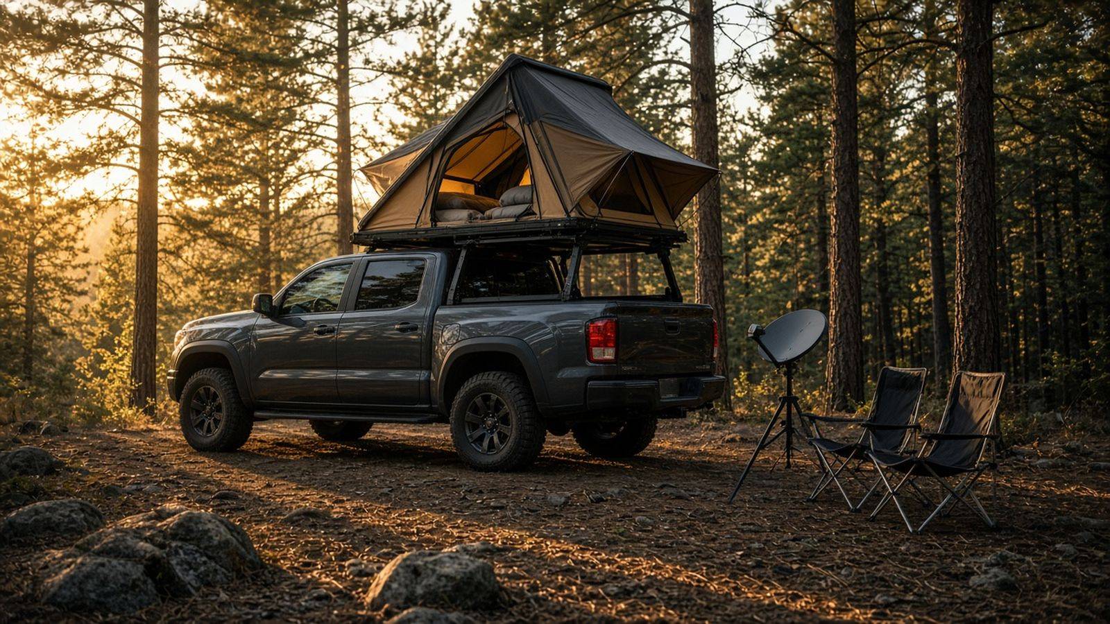 Rooftop tent camp with a satellite dish at golden hour